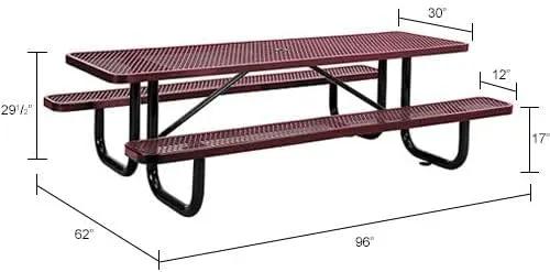 Global Industrial 8’L Rectangular Picnic Table, Expanded Metal, Red Thermoplastic Coating, Attached Benches, 1-1/2” Umbrella Pole Hole, Outdoor-Rated, 1000 lb Capacity, 96” x 30” Tabletop by GreenHaven Gardens
