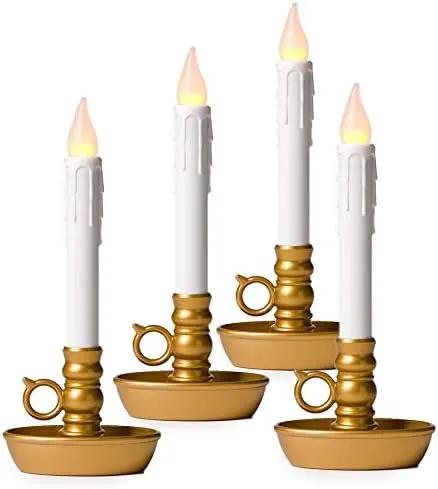Plow & Hearth Set of 4 AA Battery Operated Window LED Candle Lamps | Auto Timer | Long Lasting Bulbs Never Need Replacing | Holiday Lights | Antique Gold Base | 9 1/2 H by GreenHaven Gardens