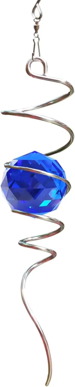 FONMY Gazing Ball Spiral Tail -Decorative Wind Spinner Sun Catcher Rainbow Maker 11 inch Tail and 2 inch Dark Blue Crystal Orb. Indoor Outdoor Garden Decoration -13 inch Height by GreenHaven Gardens