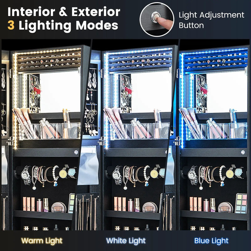 42.5 Inches Lockable Jewelry Mirror Wall Cabinet with 3-Color LED Lights by DirectDeals