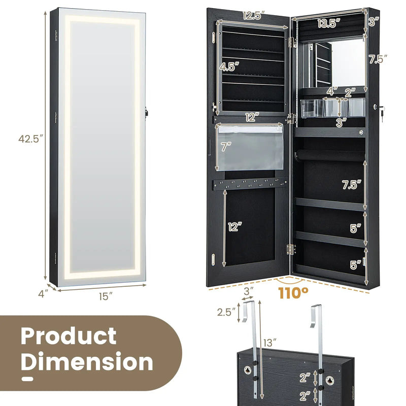 42.5 Inches Lockable Jewelry Mirror Wall Cabinet with 3-Color LED Lights by DirectDeals
