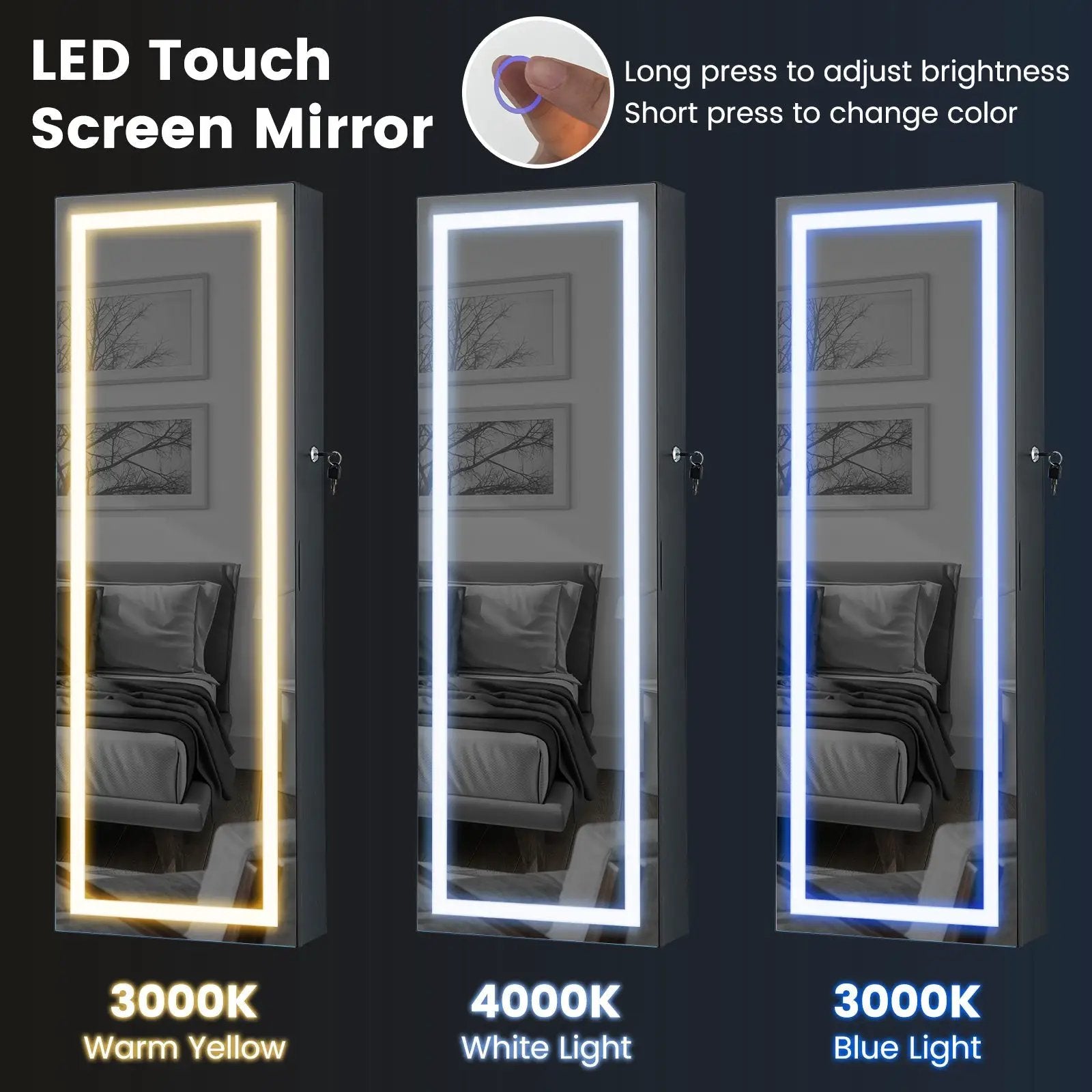 42.5 Inches Lockable Jewelry Mirror Wall Cabinet with 3-Color LED Lights by DirectDeals