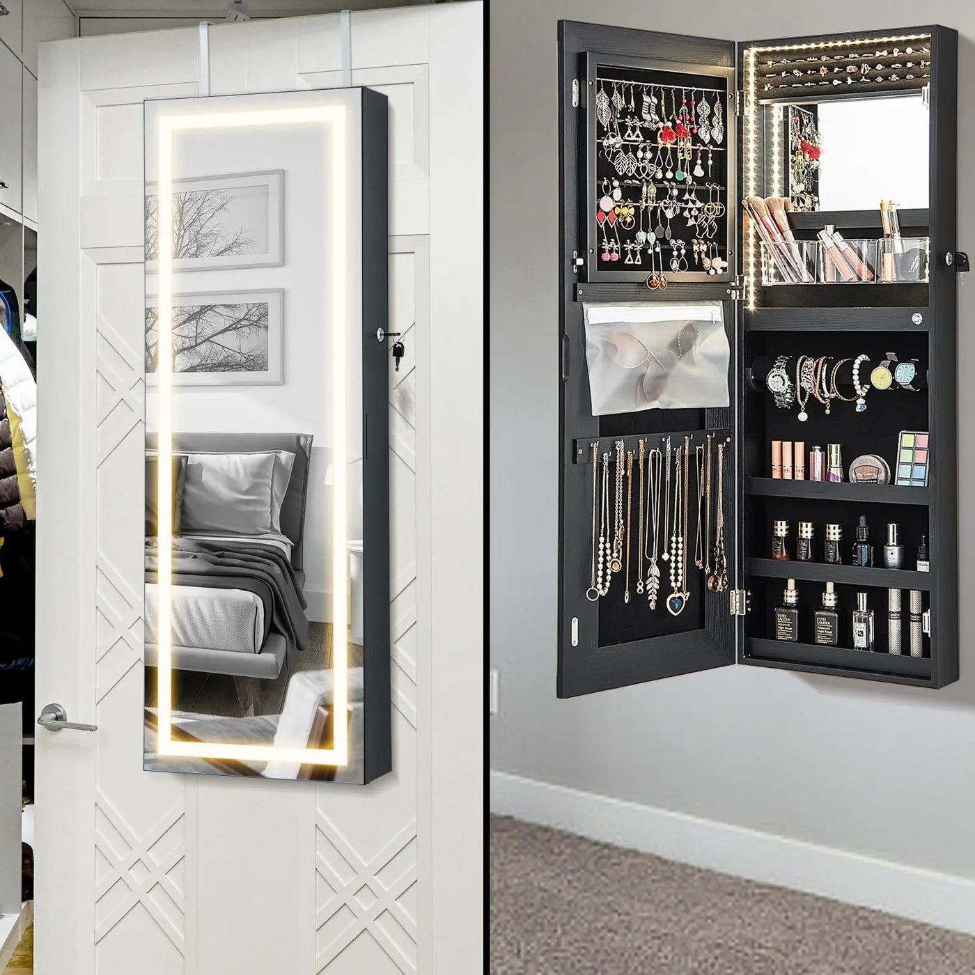 42.5 Inches Lockable Jewelry Mirror Wall Cabinet with 3-Color LED Lights by DirectDeals