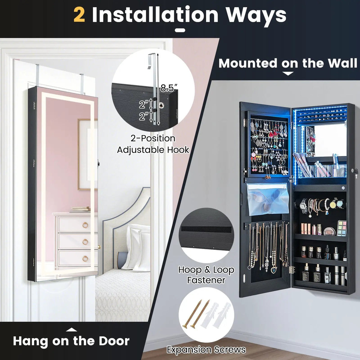 42.5 Inches Lockable Jewelry Mirror Wall Cabinet with 3-Color LED Lights by DirectDeals