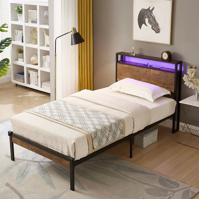 Twin Size Platform Bed Frame, LED Lights With Remote Control, USB Charging Port, Large Under Bed Storage - Black / Brown by Unique Piece Furniture