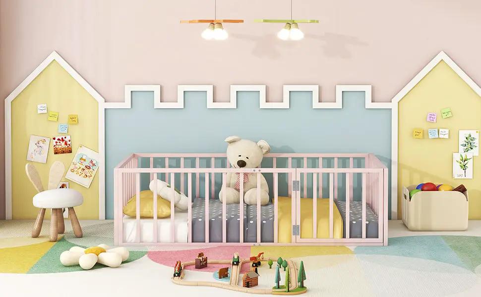 Metal Floor Bed Frame With Fence And Door by HouseOfZazla