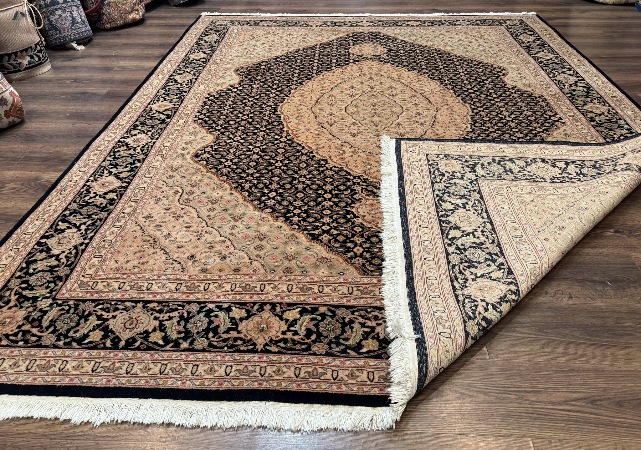 Sino Persian Rug 8x10, Herati Mahi Pattern, Fine 170 KPSI, Black, Wool and Silk Highlights by Jewel Rugs