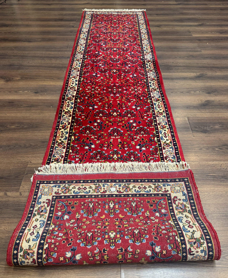 Indo Persian Sarouk Runner Rug 3 x 12, Red and Cream, Allover Pattern, 12ft Runner, Hand Knotted by Jewel Rugs