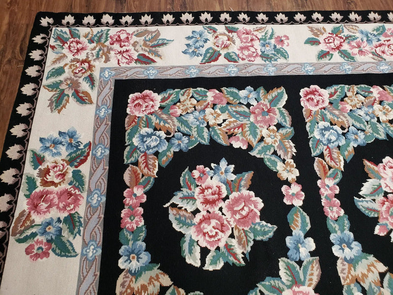 Floral Needlepoint Rug 9.5 x 13.6, Floral Panel Design, Black and Ivory Flatweave Aubusson Carpet, Multicolor by Jewel Rugs