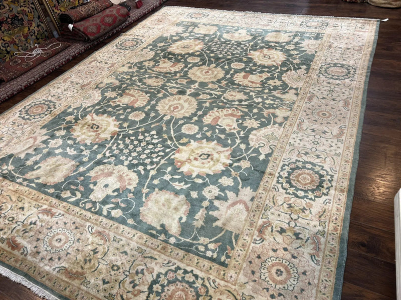 Egyptian Mahal Rug 10x14, Large Vintage Floral Hand Knotted Wool Carpet 10 x 14, Dark Green and Beige Traditional Handmade Persian Area Rug by Jewel Rugs