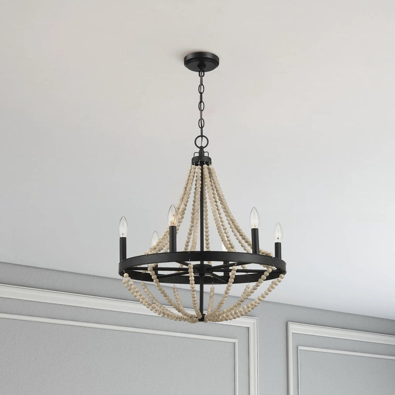 Starry - Chandelier 6 Candle Light Wood Beaded Pendant Light For Dining Room - Black / Clear by HouseOfZazla