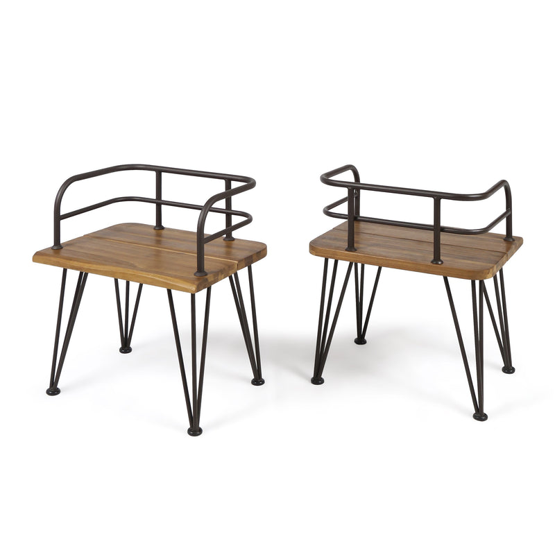 Industrial Wood and Metal Patio Chair Set of 2 with Acacia Wood Seat - Teak Finish, photo 2 of 10
