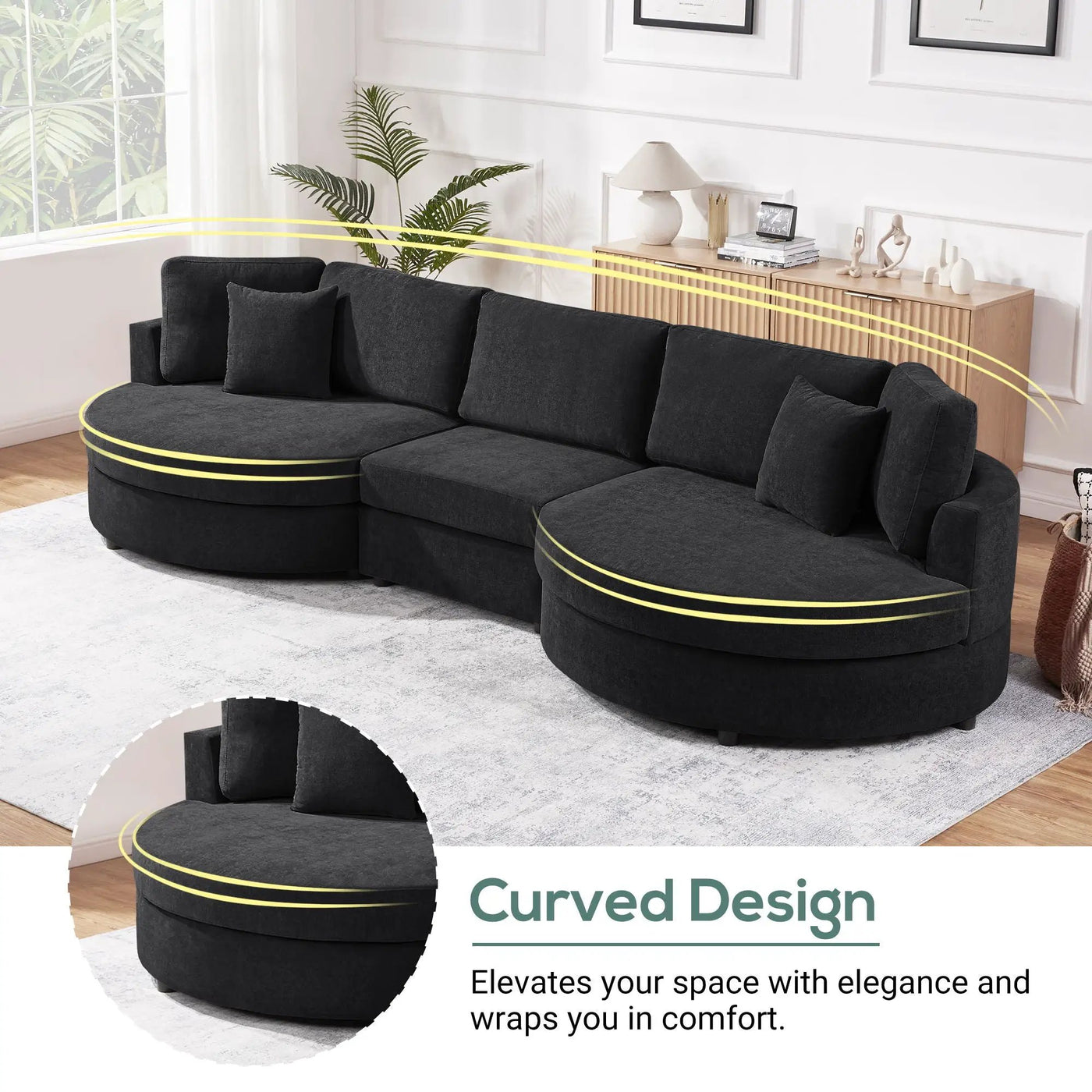 Modern 3 Seater Upholstered Sofa With Curved Design by HouseOfZazla