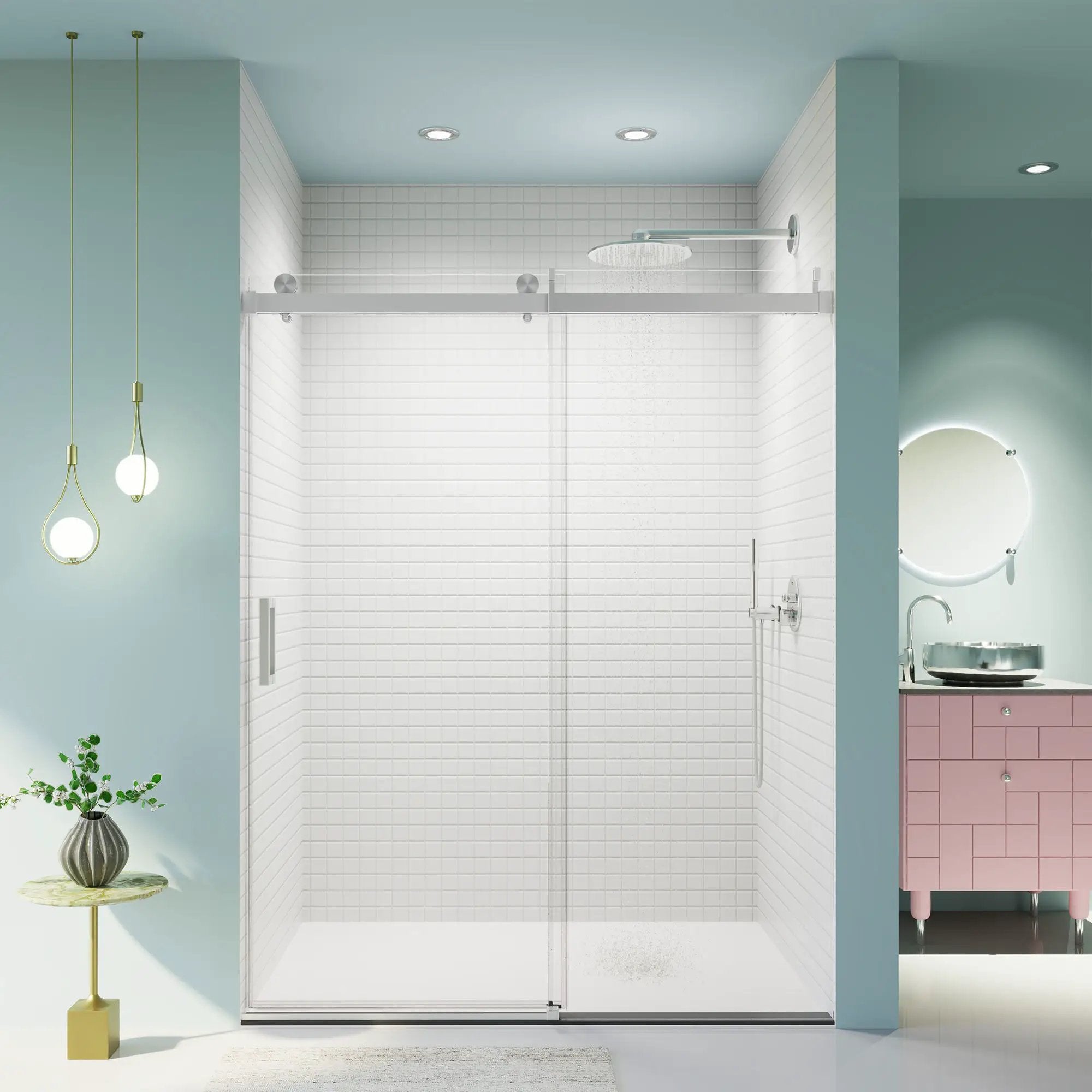 Frameless Single Sliding Soft Close Shower Doors, 3 / 8" Tempered Glass Reversible Installatio