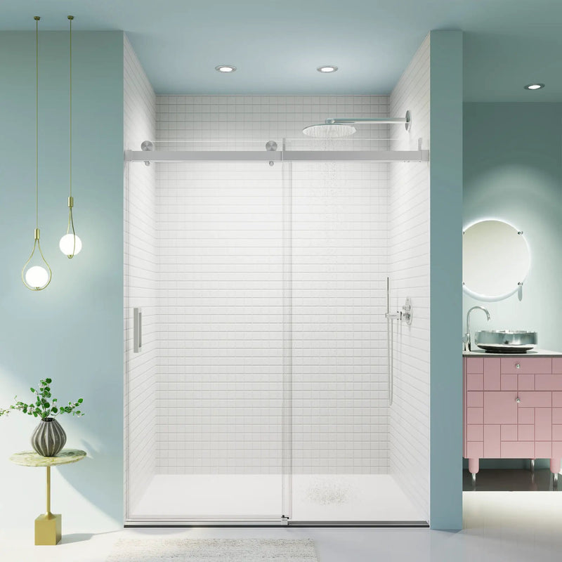 Frameless Single Sliding Soft Close Shower Doors, 3 / 8" Tempered Glass Reversible Installatio