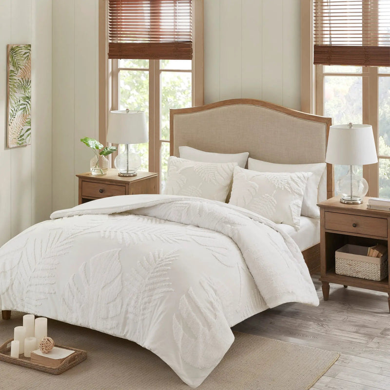 3 Piece Tufted Cotton Chenille Palm Comforter Set Off-White King/Cal King by HouseOfZazla