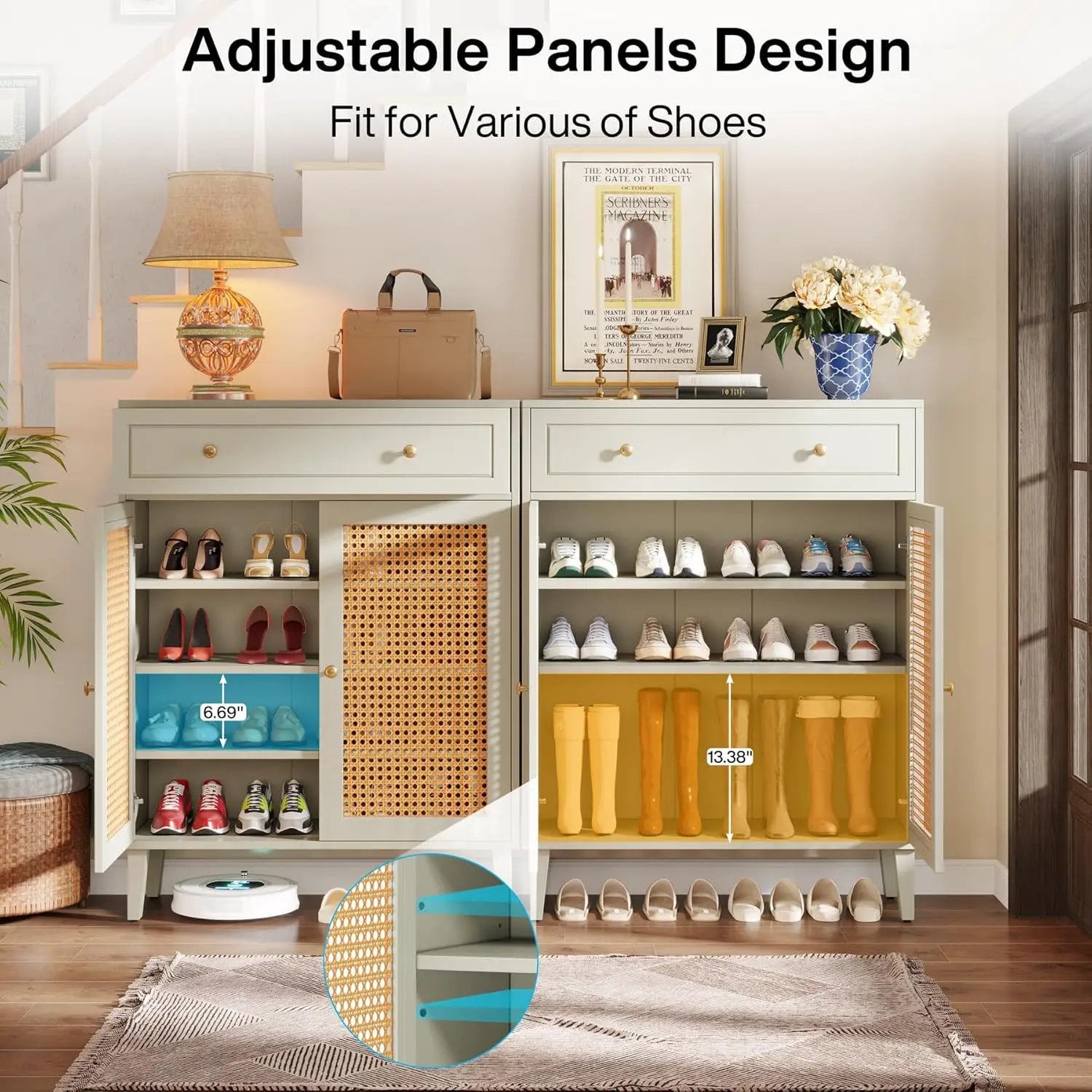 Shoe Cabinet With Rattan Doors And Drawer, 4 Tier Storage Organizer - Mint Green by HouseOfZazla