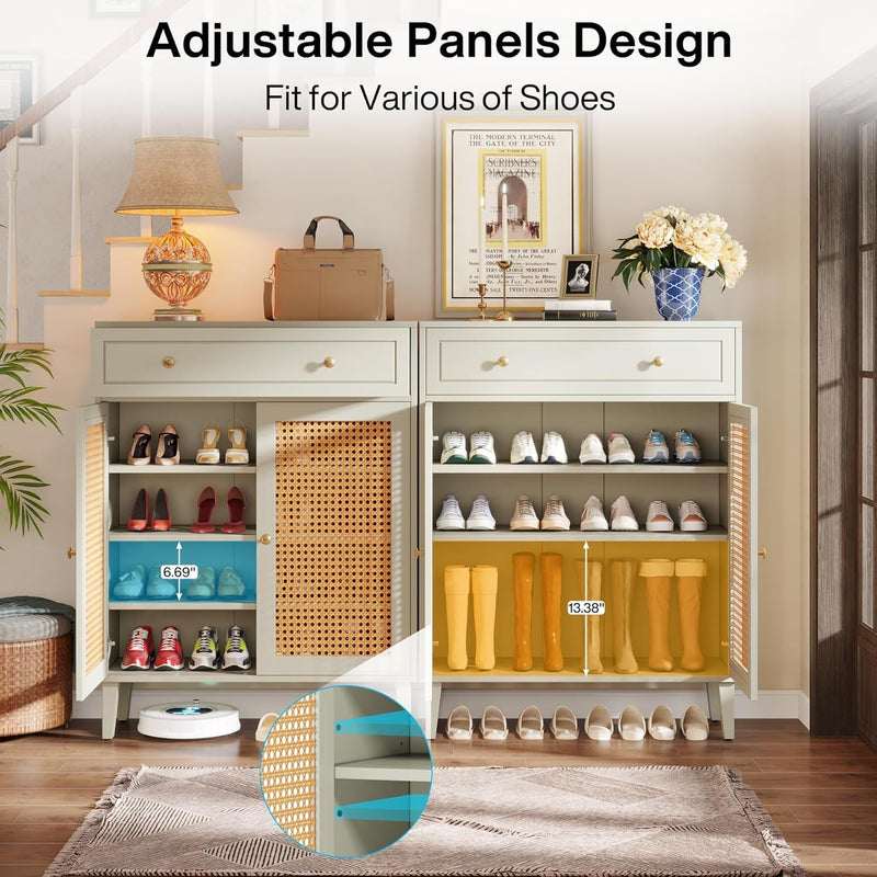 Shoe Cabinet With Rattan Doors And Drawer, 4 Tier Storage Organizer - Mint Green by HouseOfZazla