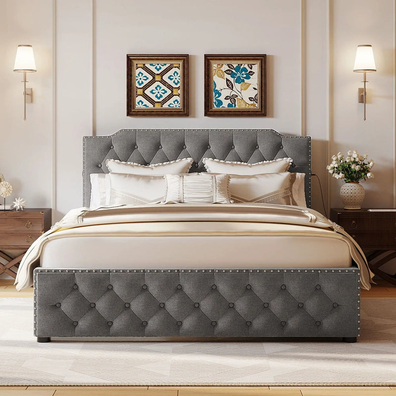 Upholstered Platform Bed With 2 Drawers And 2 Sets Of USB Ports On Each Side, Fabric by HouseOfZazla