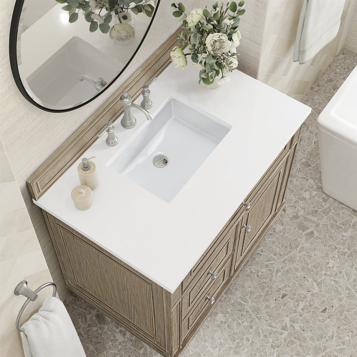 James Martin Lorelai 36" Single Bathroom Vanity, Whitewashed Oak with White Zeus countertop