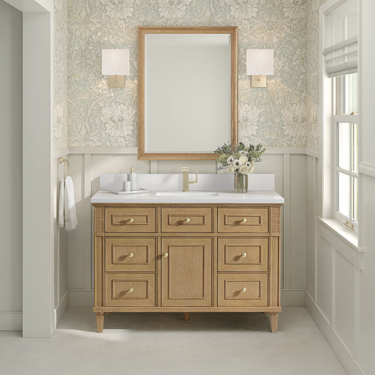 James Martin Lorelai 48" Single Bathroom Vanity, Light Natural Oak with White Zeus (Single Hole, with Backsplash) countertop