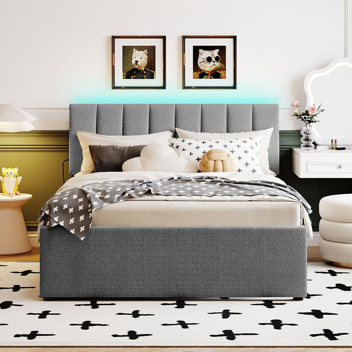 Upholstered Platform Bed With Trundle and LED Lights - Full or Queen, photo 20 of 40