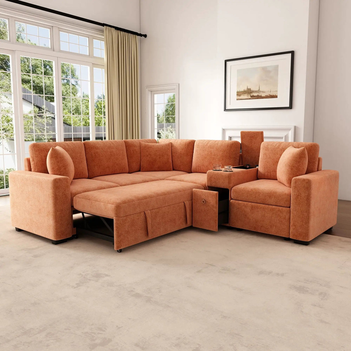 Modular L-Shaped Sectional Sofa Bed With Pull-Out Sleeper, Cup Holders, And Storage by Unique Piece Furniture