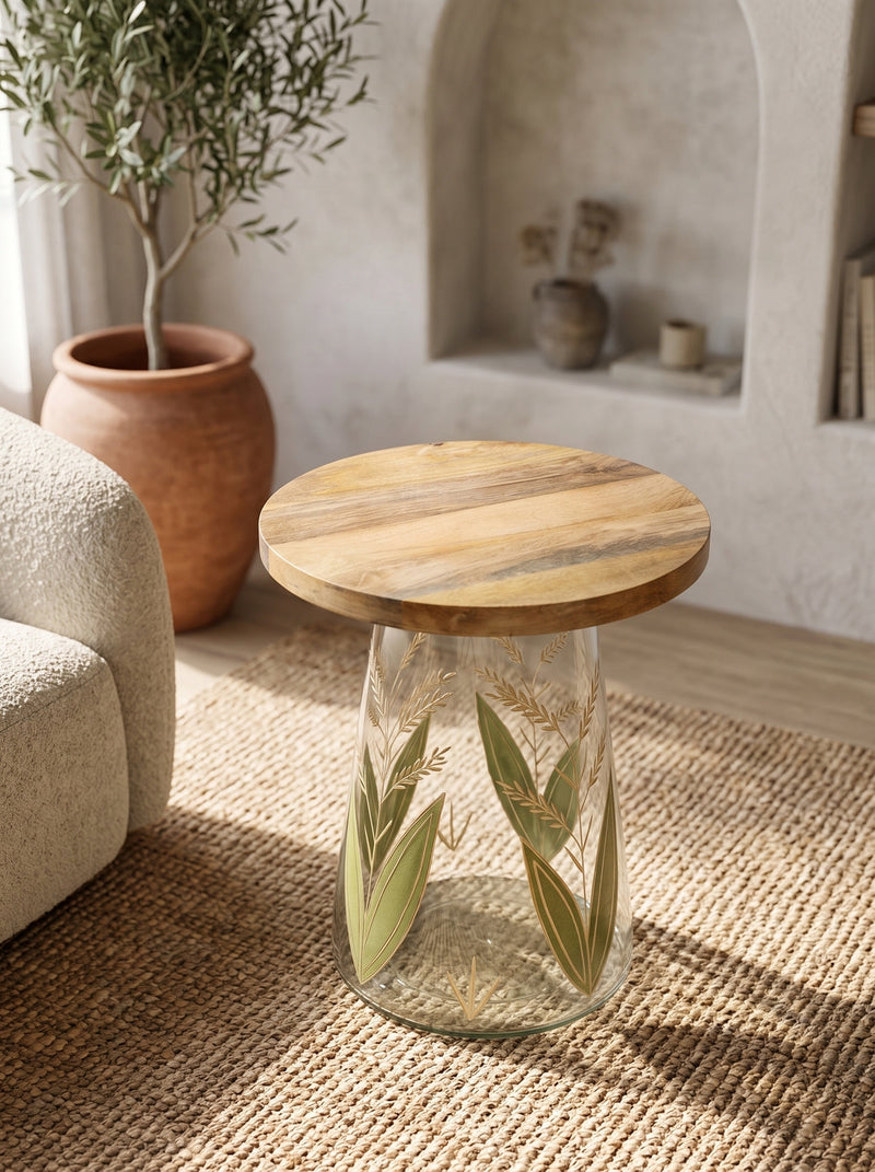 Round Glass Side Table with Hand-Painted Glass Base and Wood Top, photo 8 of 9