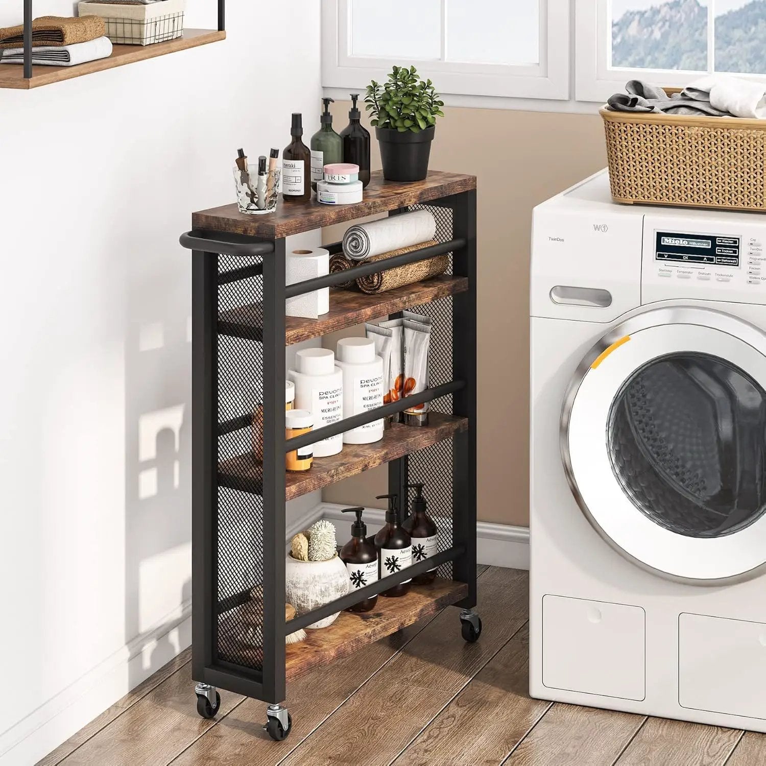 Slim 4 Tier Rolling Utility Cart With Wheels, Narrow Kitchen Storage Trolley - Brown / Black by HouseOfZazla