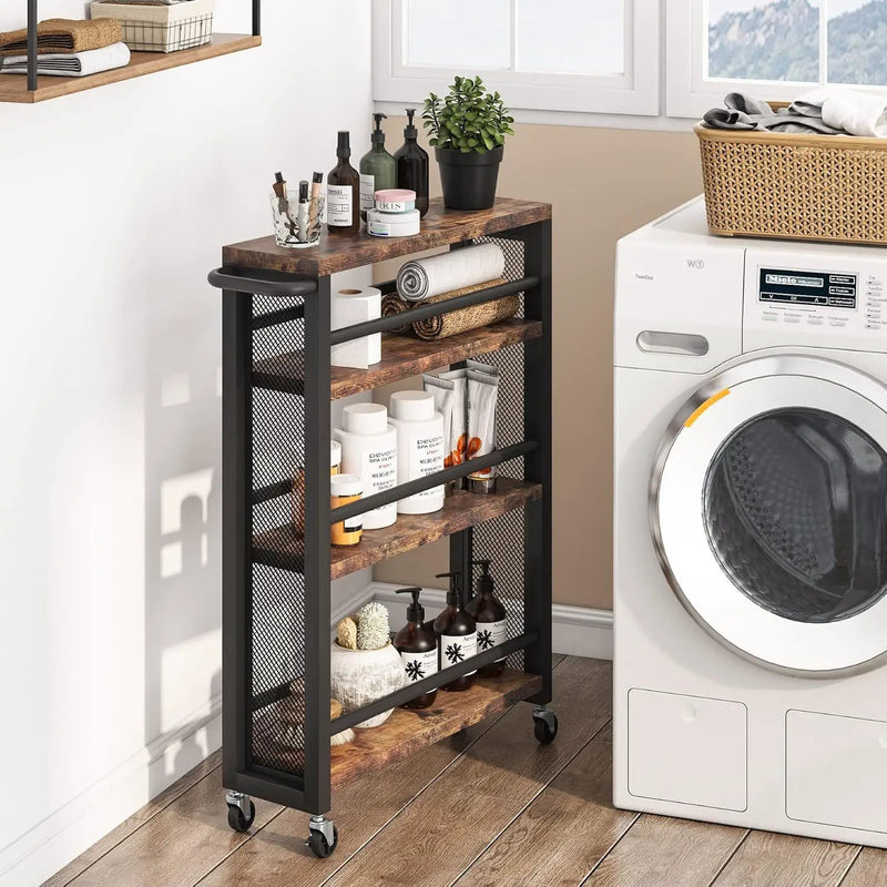 Slim 4 Tier Rolling Utility Cart With Wheels, Narrow Kitchen Storage Trolley - Brown / Black by HouseOfZazla