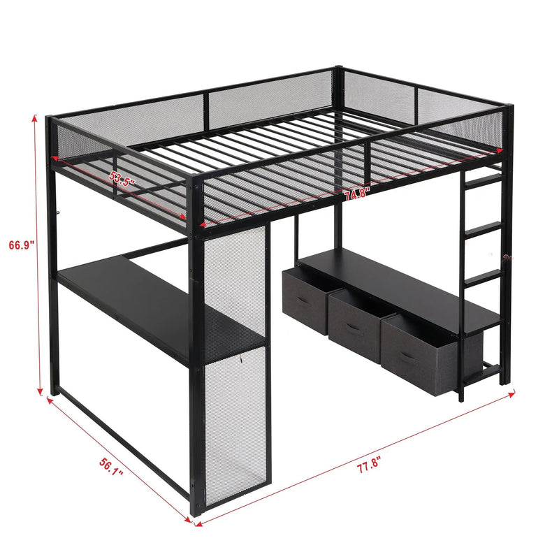 Full Size Gaming Loft Bed With LED Desk, Open Wardrobe, 3 Linen Storage Drawers - Black by Unique Piece Furniture