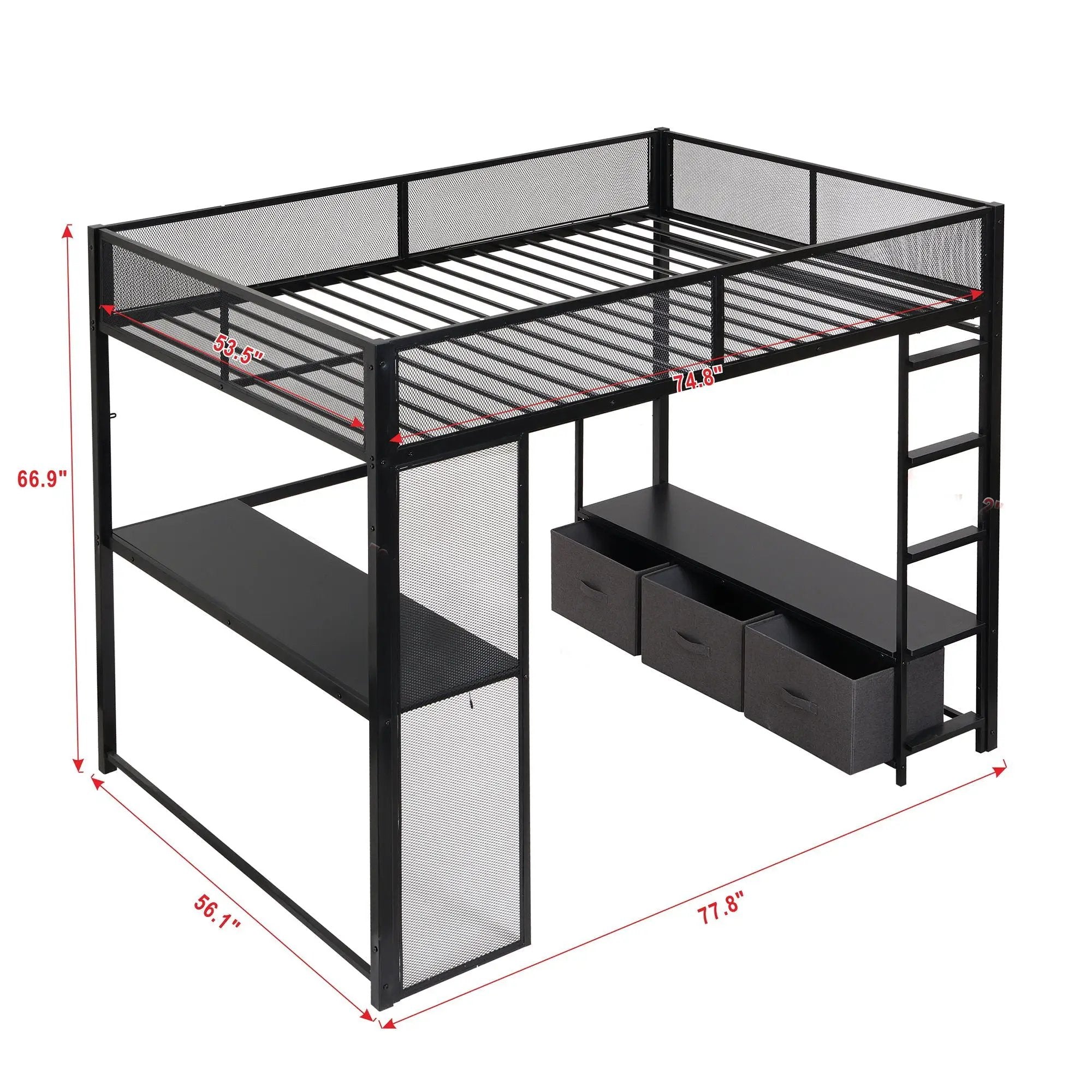 Full Size Gaming Loft Bed With LED Desk, Open Wardrobe, 3 Linen Storage Drawers - Black by HouseOfZazla