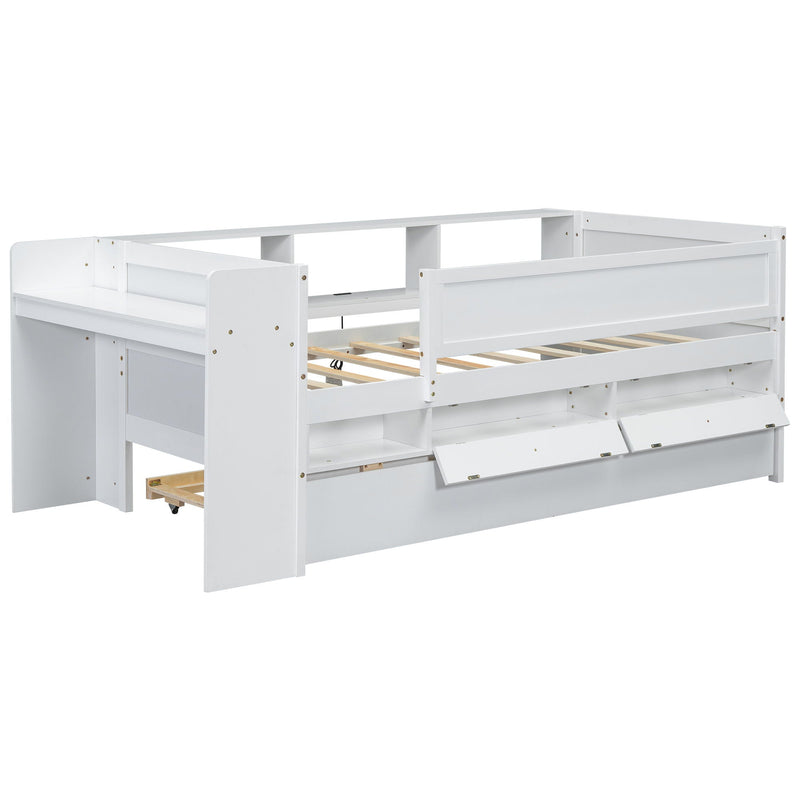 Twin Daybed with Trundle, Storage, Study Desk & USB Charging Station – White