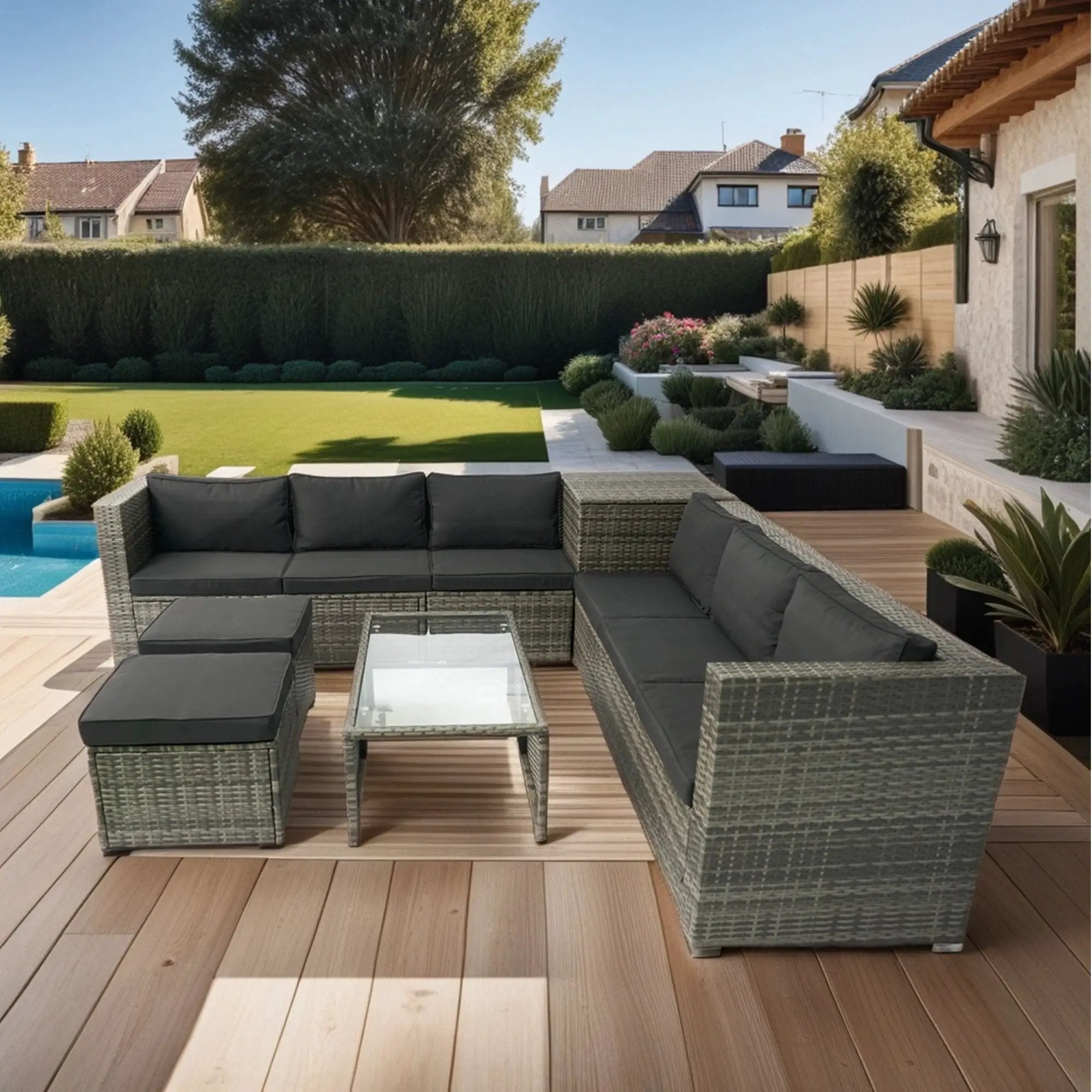 8 Piece Patio Sectional Wicker Rattan Outdoor Furniture Sof Set With One Storage Box Under Seat And Cushion Box - Gray / Black by Unique Piece Furniture