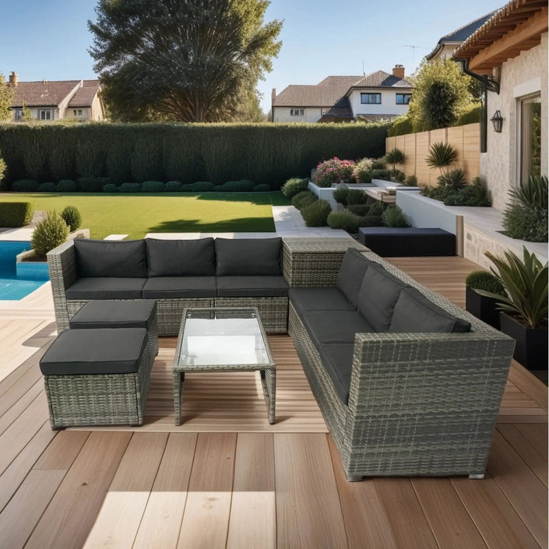 8 Piece Patio Sectional Wicker Rattan Outdoor Furniture Sof Set With One Storage Box Under Seat And Cushion Box - Gray / Black by Unique Piece Furniture