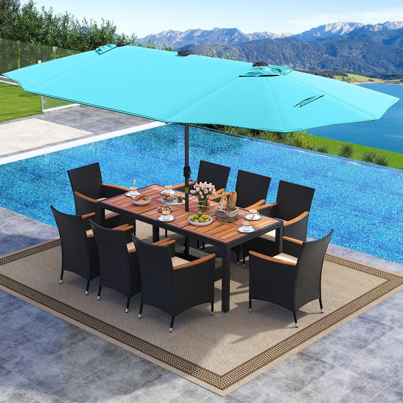 11 Pieces Patio Dining Set with LED Patio Umbrella with Base and Seat Cushions (Beige) by DirectDeals