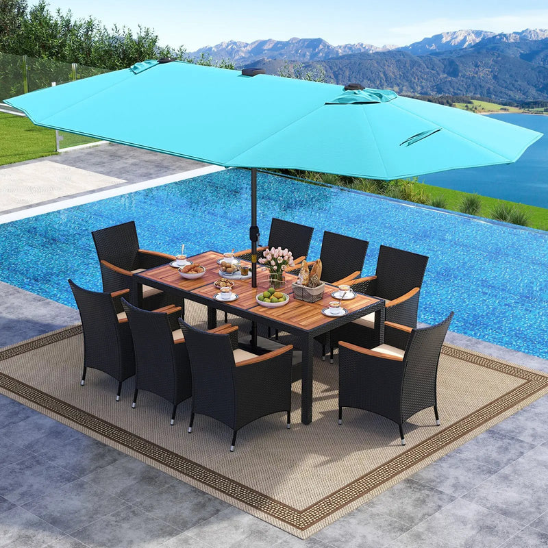 11 Pieces Patio Dining Set with LED Patio Umbrella with Base and Seat Cushions (Beige) by DirectDeals