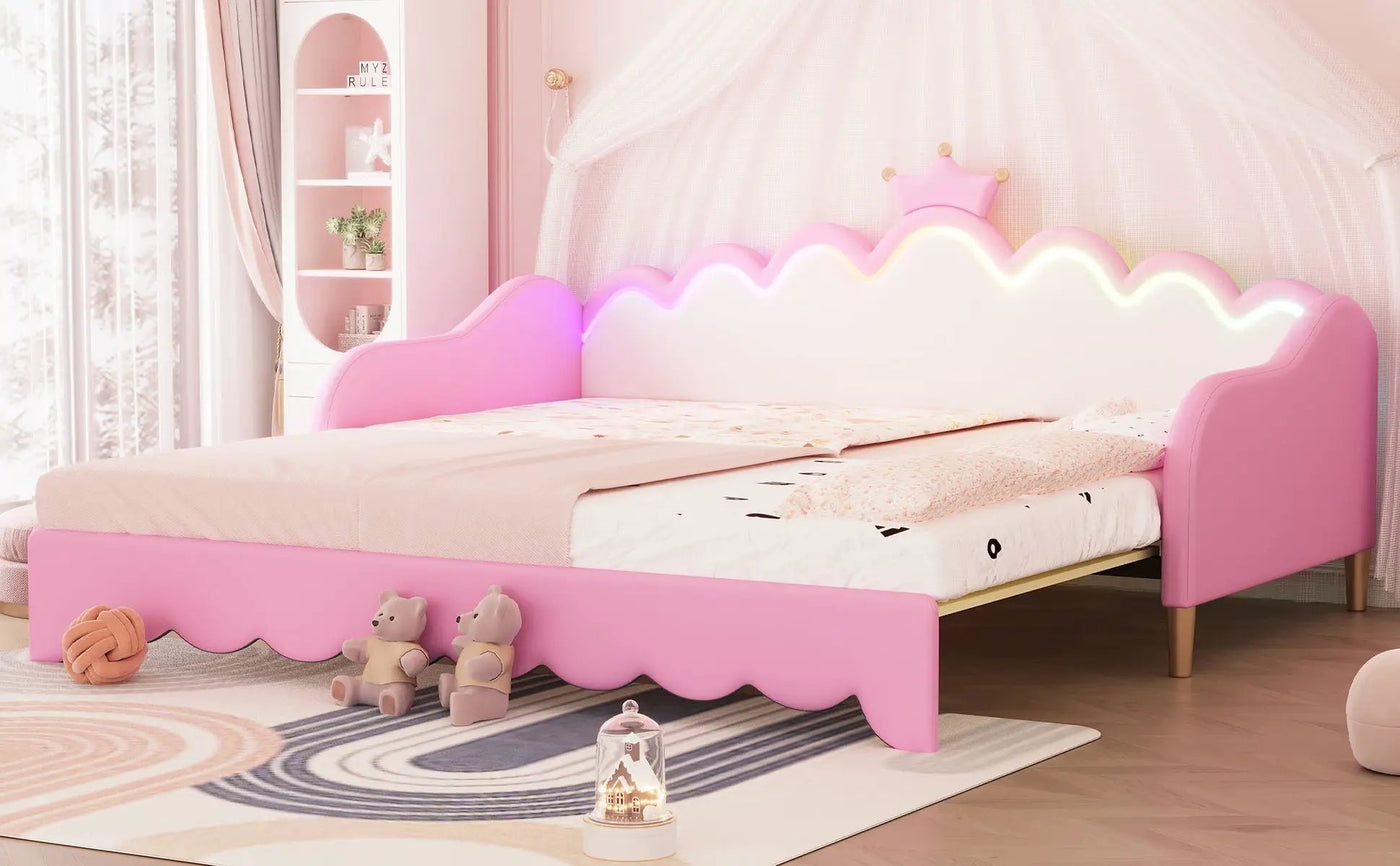 Extending Daybed With LED Lights, Modern Upholstered Princess Daybed With Crown Headboard by HouseOfZazla