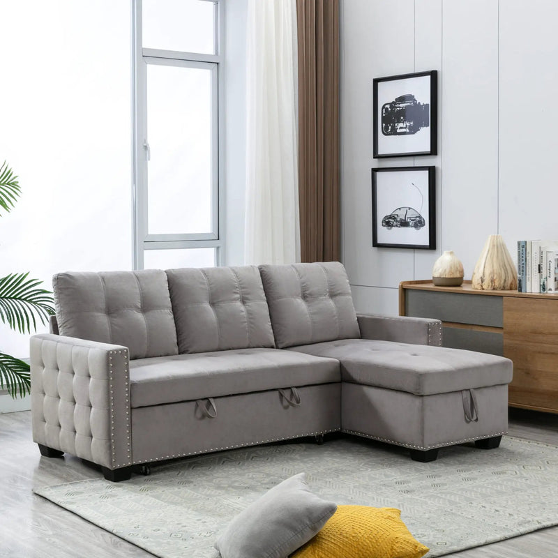 Reversible Sectional Storage Sleeper Sofa Bed, L-Shape 2 Seat Sectional Chaise With Storage, Skin-Feeling Fabric by HouseOfZazla