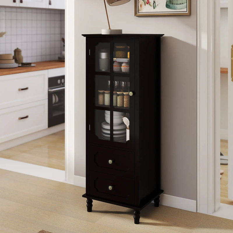 Black Tall Storage Cabinet with Glass Door & 2 Drawers by HouseOfZazla