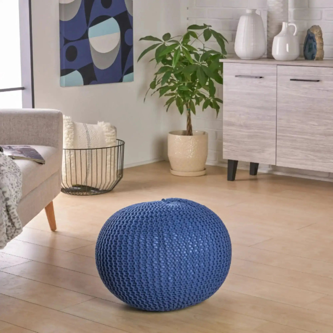 Bordeaux Knitted Cotton Round Pouf - Versatile Ottoman and Floor Cushion by HouseOfZazla