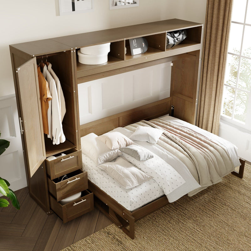 Full Size Murphy Bed With Wardrobe, Drawers, And Open Shelves - Wood by HouseOfZazla