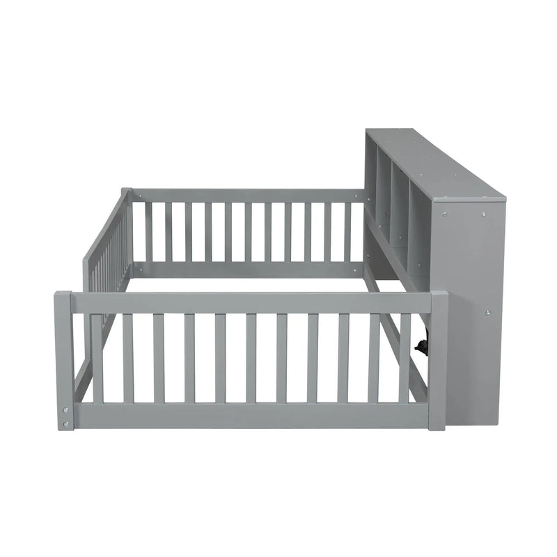 Twin Long Floor Bed With Storage Cabinets And USB Ports - Gray by HouseOfZazla