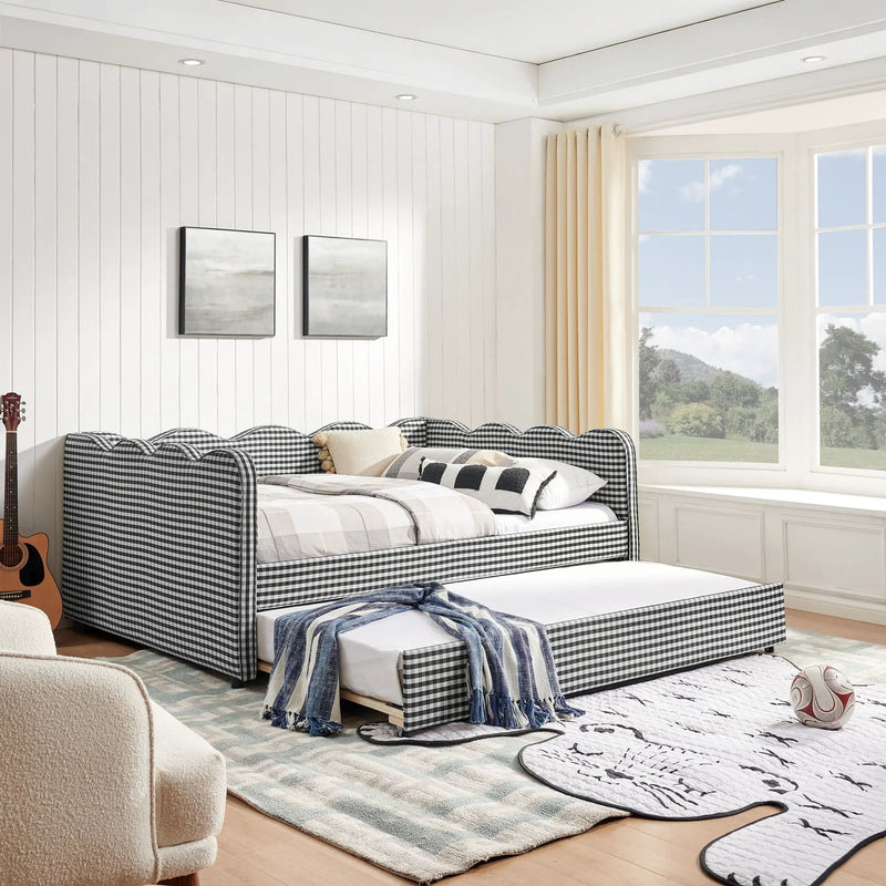 Gingham Daybed With USB Charging Port, Wave-Shaped Design by Unique Piece Furniture