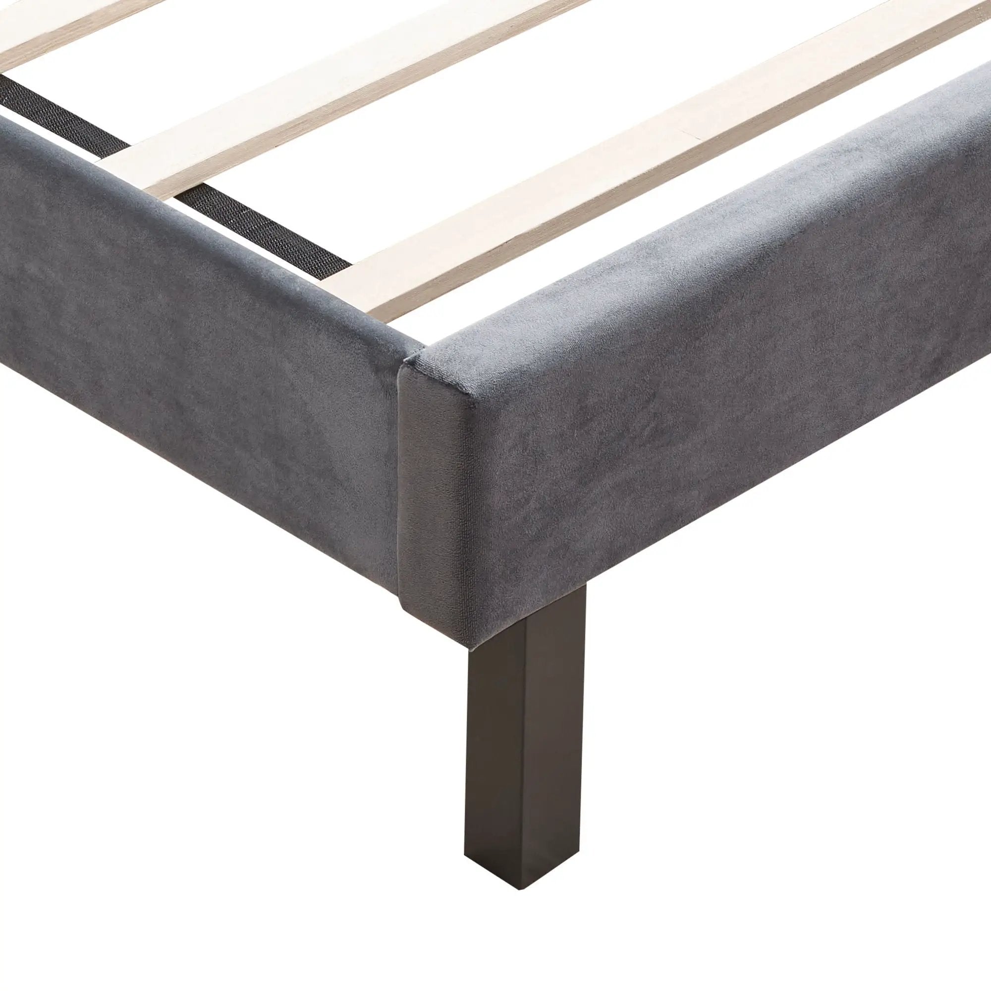 Queen Platform Tufted Upholstered Bed With Wings Design, Strong Wood Slat Support - Gray by HouseOfZazla