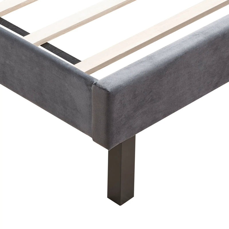 Queen Platform Tufted Upholstered Bed With Wings Design, Strong Wood Slat Support - Gray by HouseOfZazla