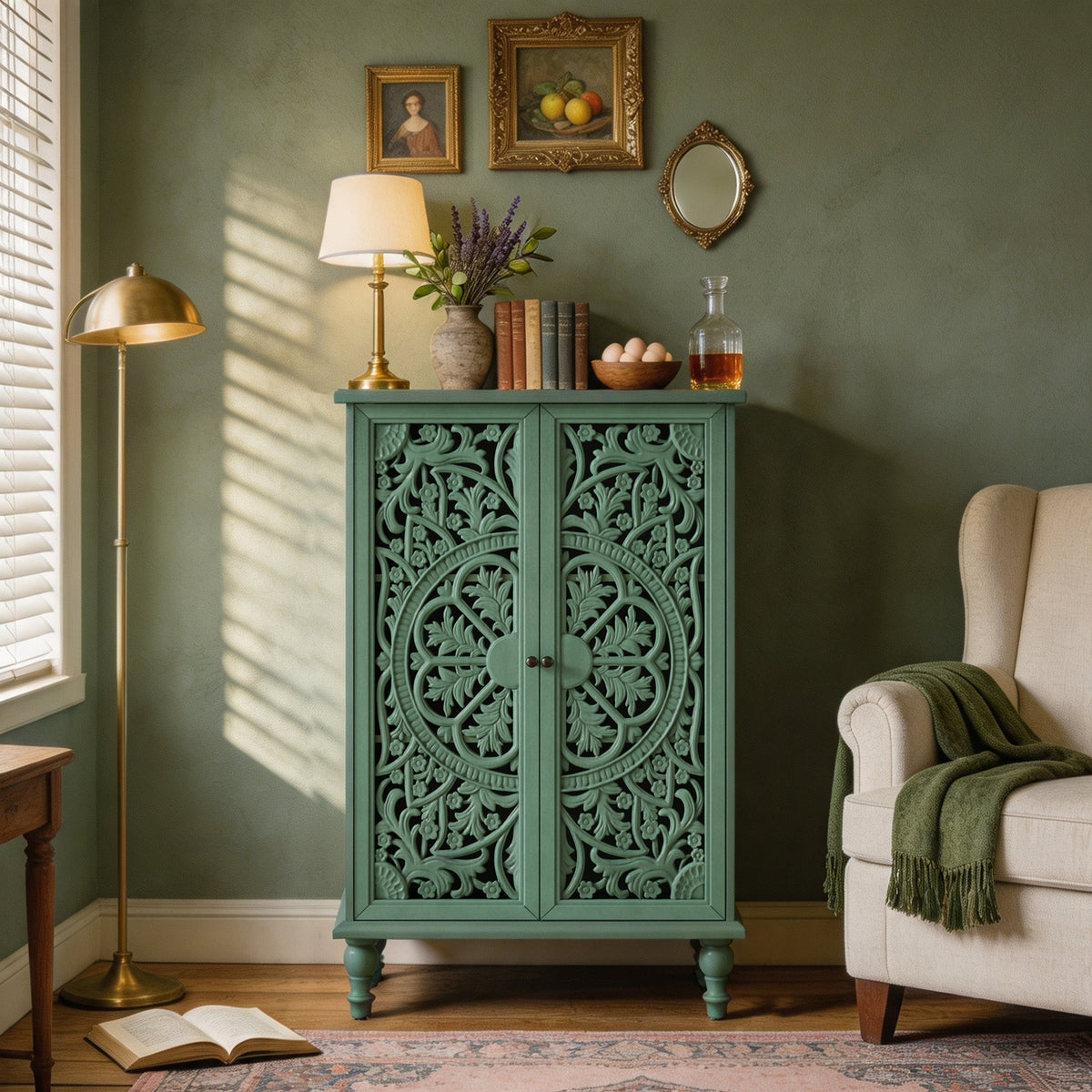 Tall Accent Cabinet with Doors & Storage, Farmhouse Hollow Carved Double Door Display Cabinet with Adjustable Shelf & Turned Legs, Freestanding Decorative Cabinet for Entryway Living Room, photo 2 of 10