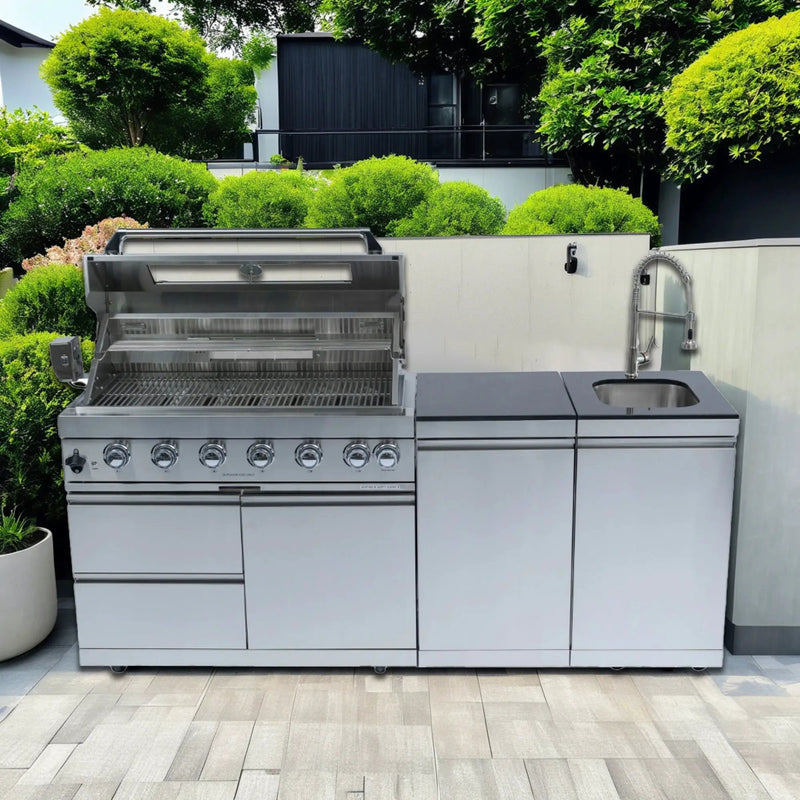 82" 6-Burner 85000 BTU Silver Outdoor Kitchen Island Grill + Storage Cabinets & Drawers & Sink/Faucet by Chery Industrial