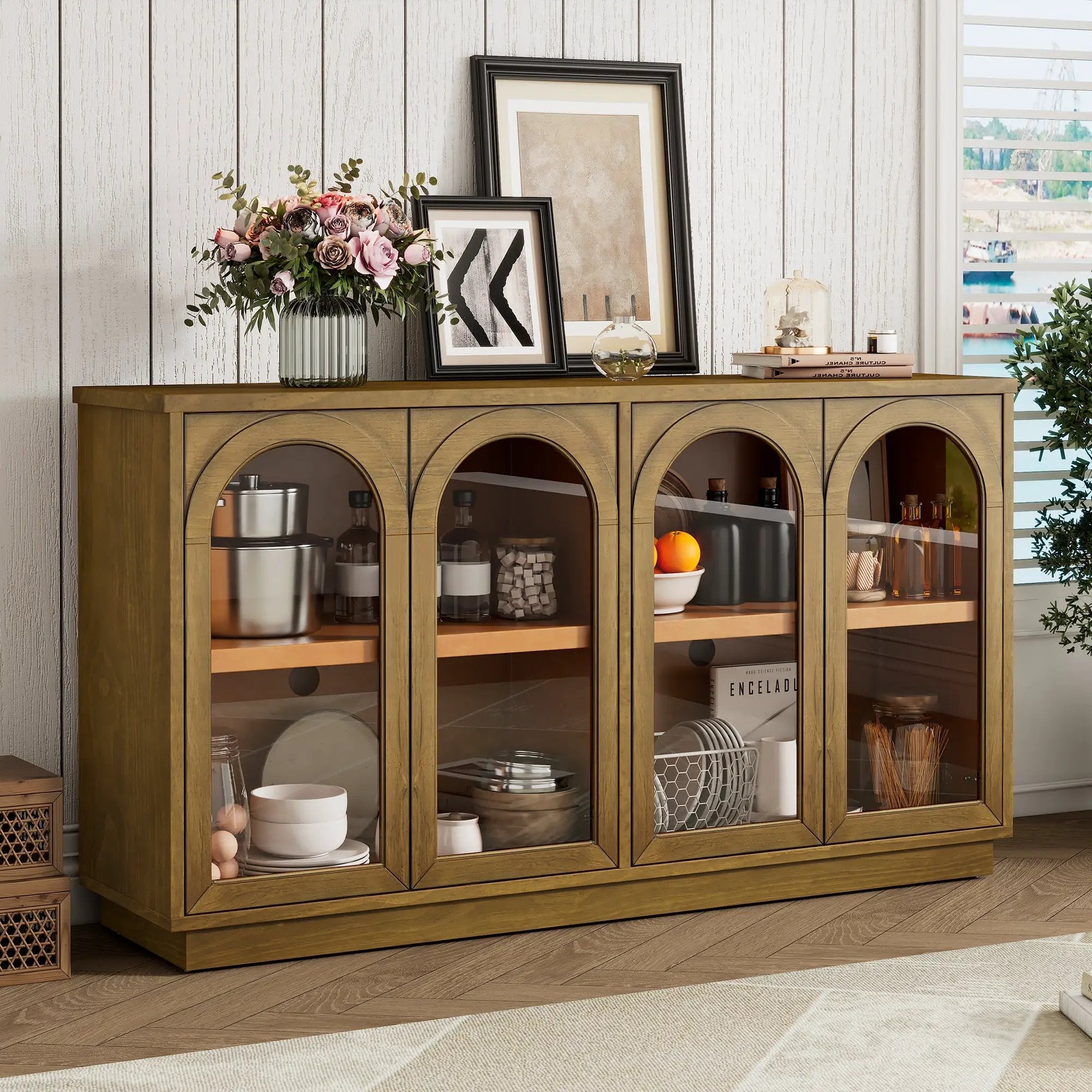TREXM 4-Door Large Storage Buffet Cabinet with Glass Doors by HouseOfZazla