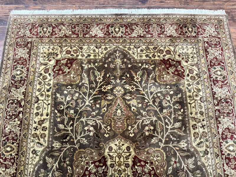 Indo Persian Rug 6x9, Wool Handmade Vintage Rug, Floral Cross Pattern by Jewel Rugs